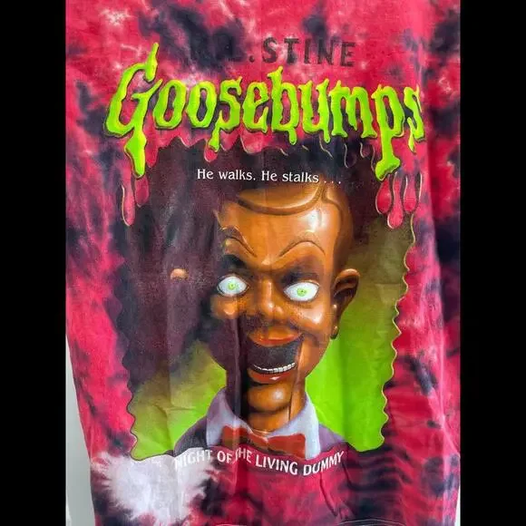 VTG RL STINE GOOSBUMPS NIGHT OF LIVING DUMMY AOP TYE DYE SHIRT SZ MEDIUM GRAPHIC - Picture 3 of 7